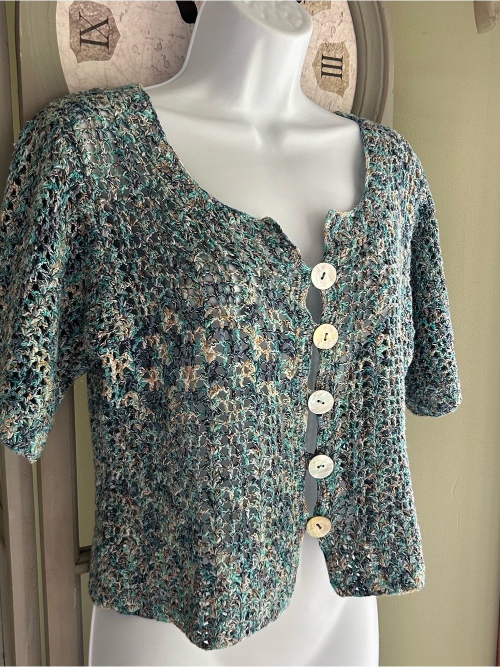 Lightweight Crocheted Button-Front Cardigan in Teal Multi - Picture 3 of 6